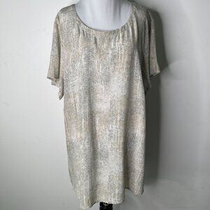Eileen Fisher Women's Grey Tan Firefly Printed Crinkle 100% Silk Blouse Size 2X
